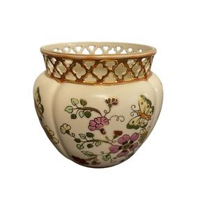 Zsolnay Hungary Hand Painted Butterfly Floral Reticulated Gold Gilt Cachepot